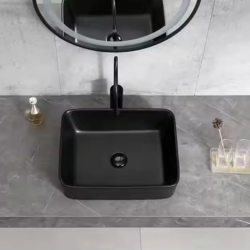 Chậu lavabo màu đen mờ kiểu vuông loại đặt bàn