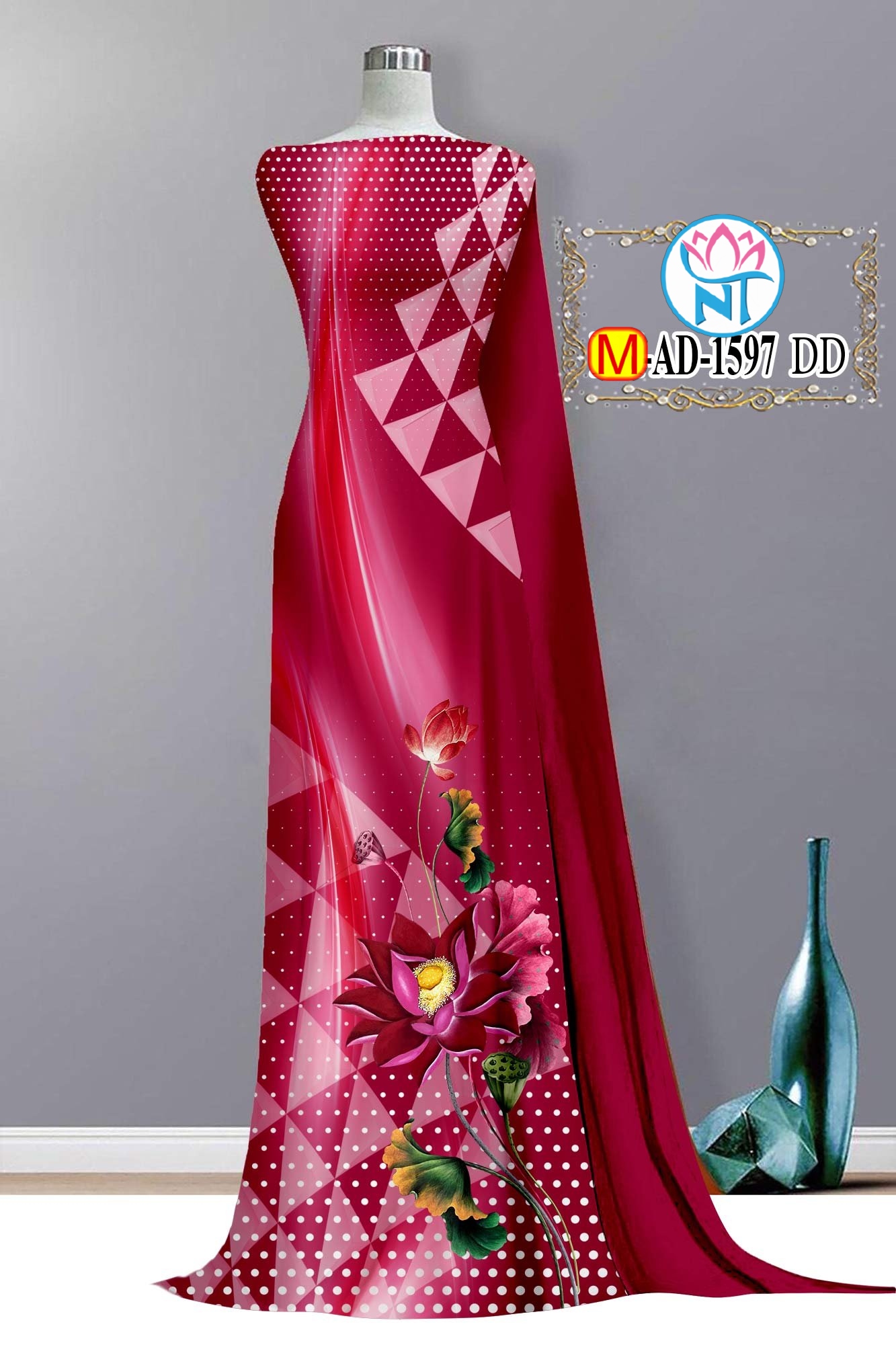 Vải áo dài 3d hoa sen độc lạ đẹp - m 1597