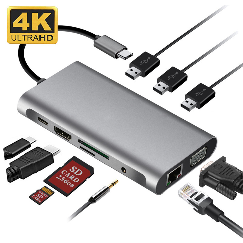 Cáp chuyển đổi Type C to HDMI 4K / VGA/ LAN/ PD/ TF/ SD/ USB 3.0 /Audio 3.5mm 10 in 1 dùng cho Macbook, Samsung DEX,DELL XPS,HP Envy