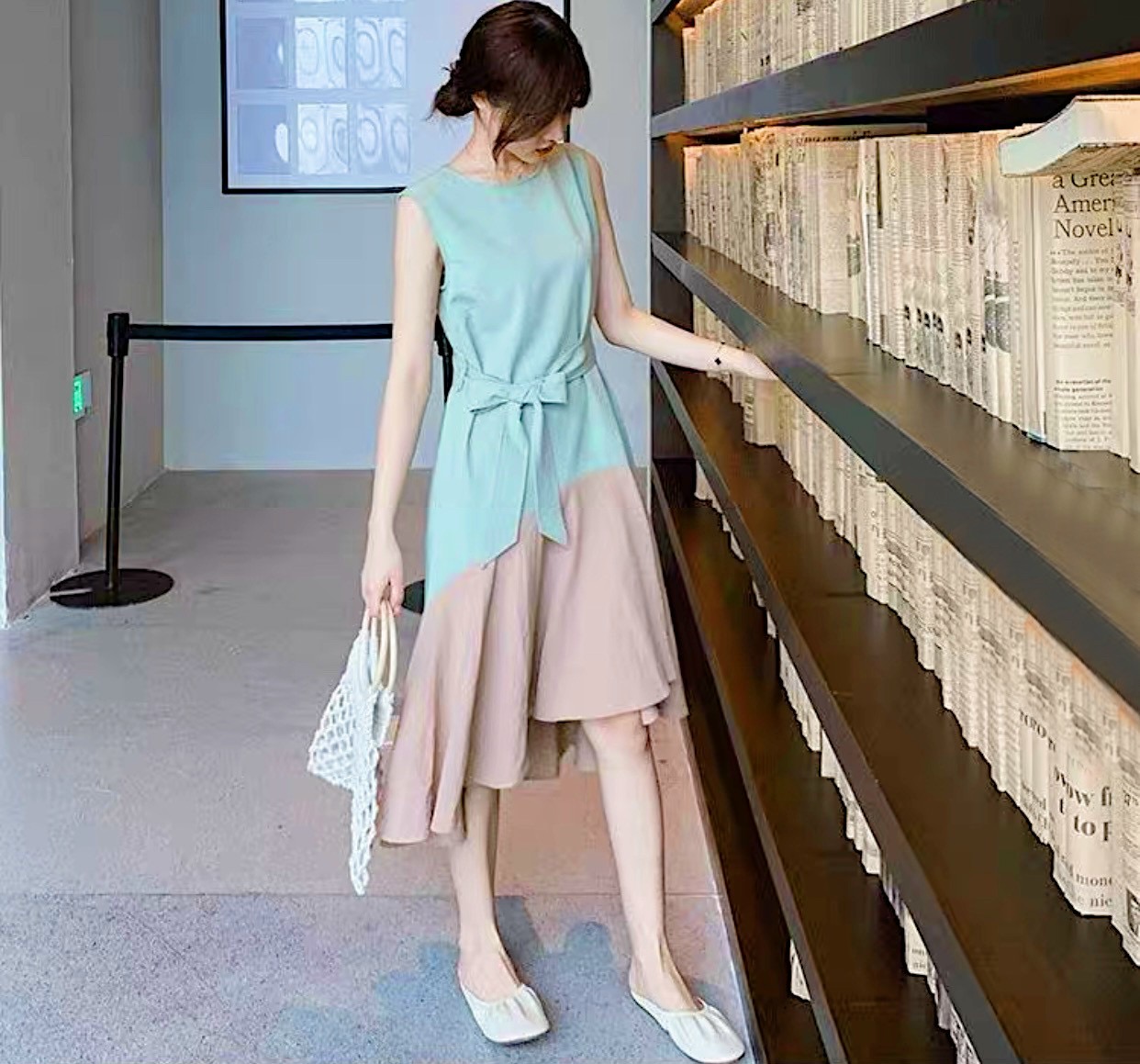 Đầm maxi đi biển mint đuôi cá phối kem
