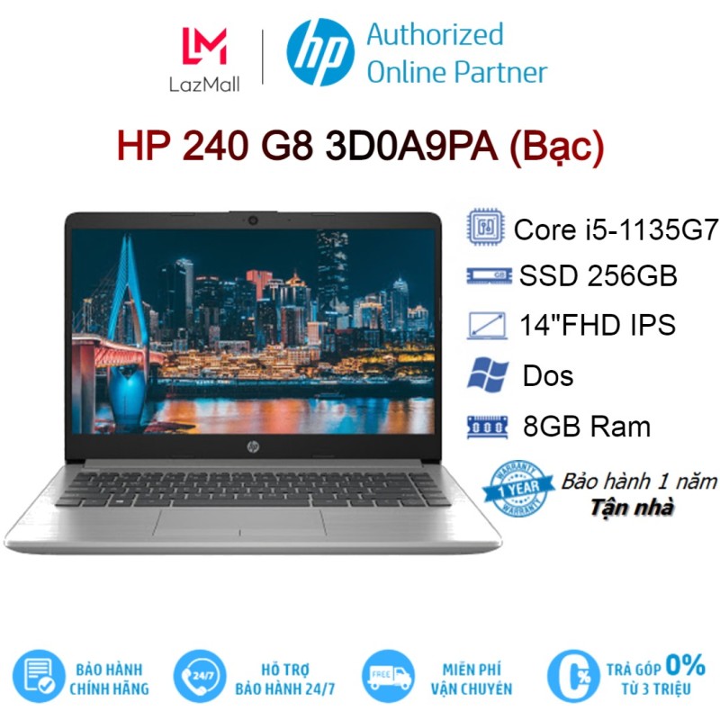 Laptop HP 240 G8 3D0A9PA Bạc I5-1135G7| 8GB| 256GB| OB| 14″FHD| Dos - Hàng chính hãng new 100%