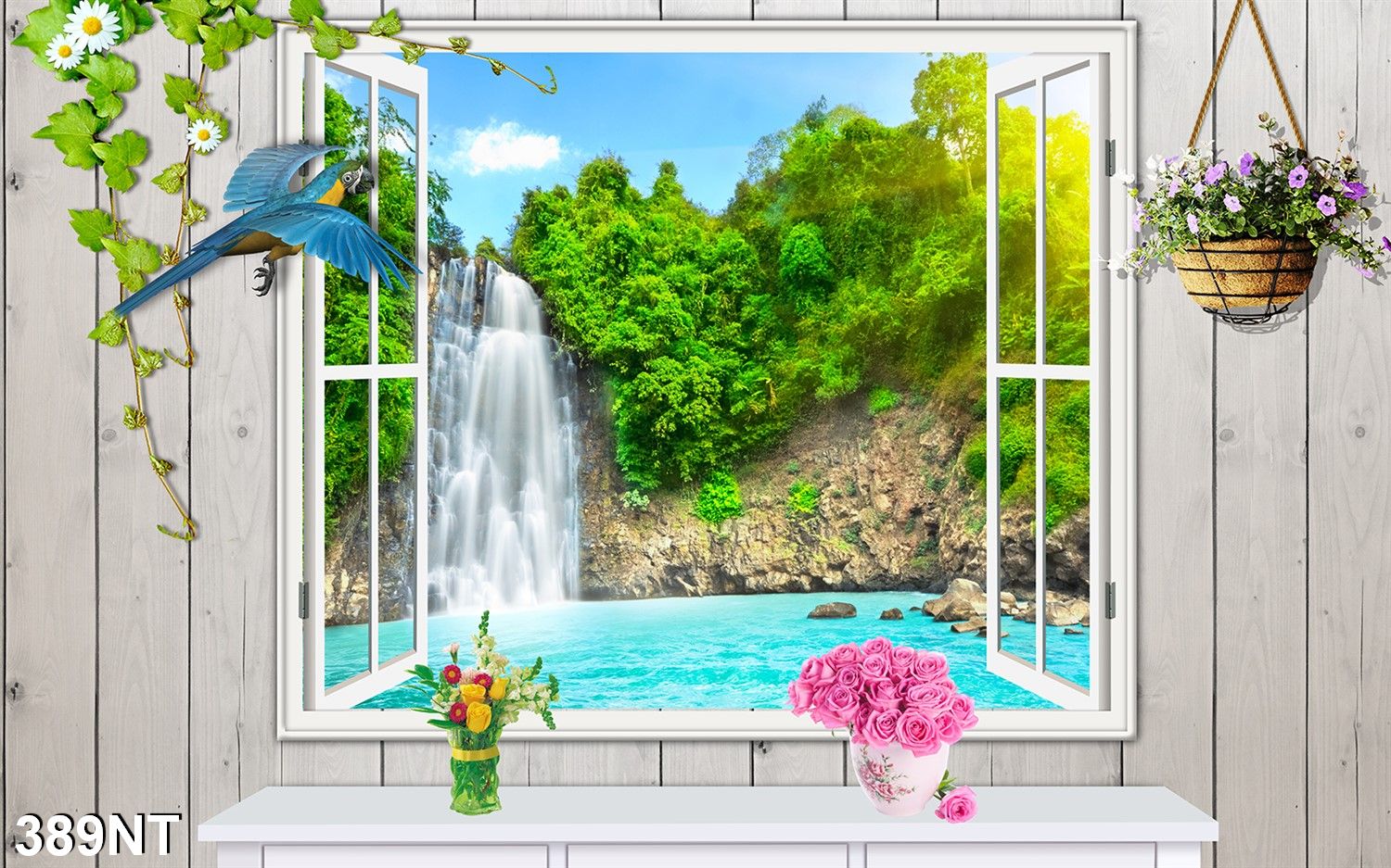 Tranh dán tường 3d cửa sổ phong cảnh đẹp 389nt - tranh dán tường hình ô cửa sổ nhìn ra phong cảnh