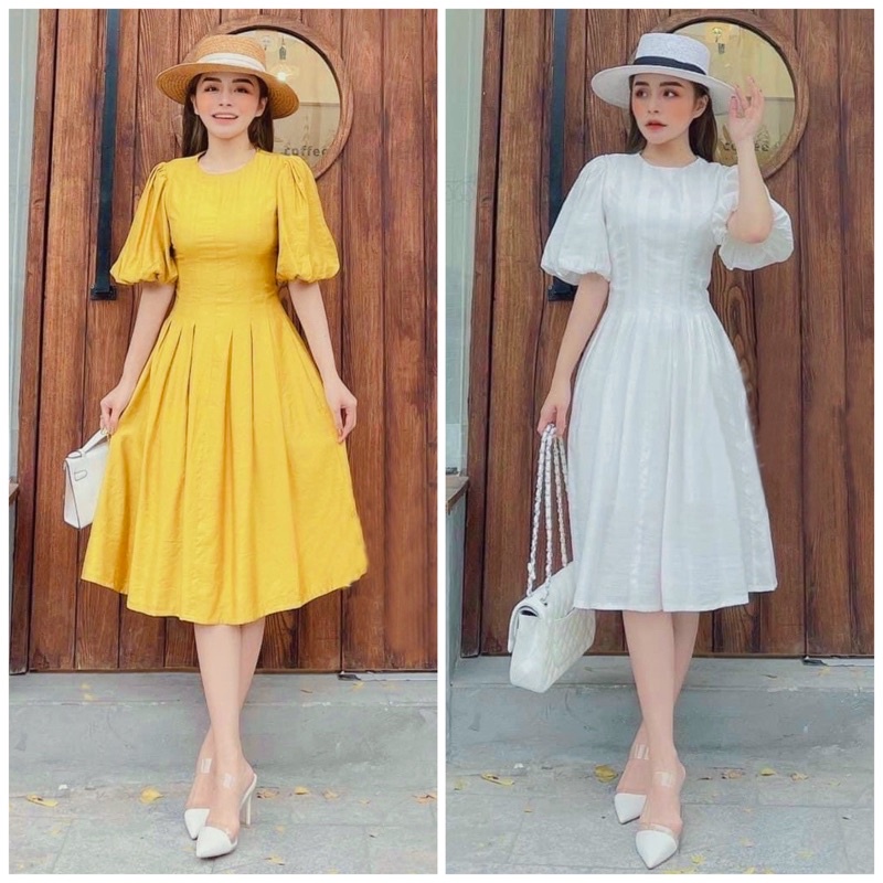 Đầm cổ tròn xếp li 2 màu