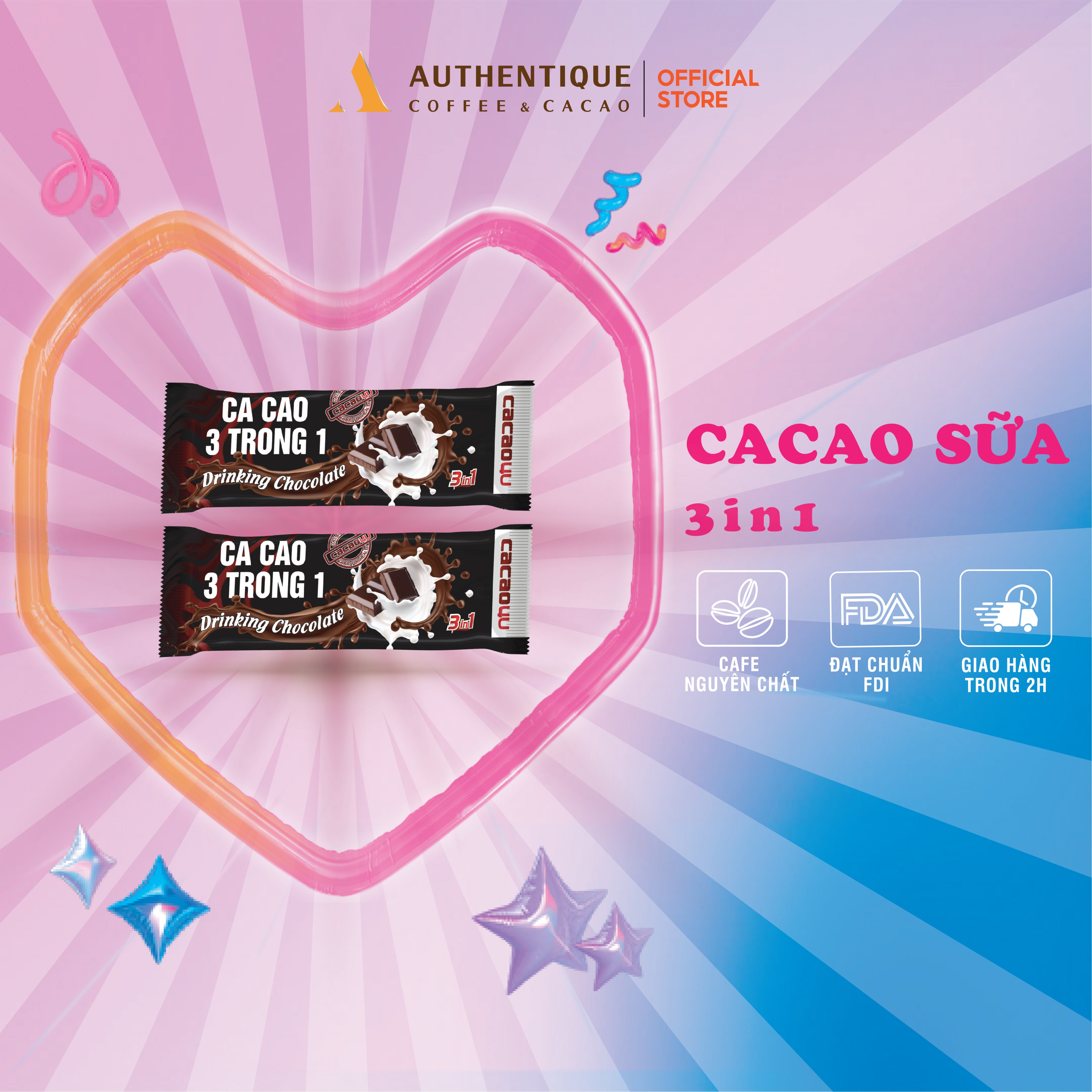 [GÓI LẺ DÙNG THỬ] Bột Cacao sữa Authentique hoà tan 3in1, Drinking Chocolate 22gr