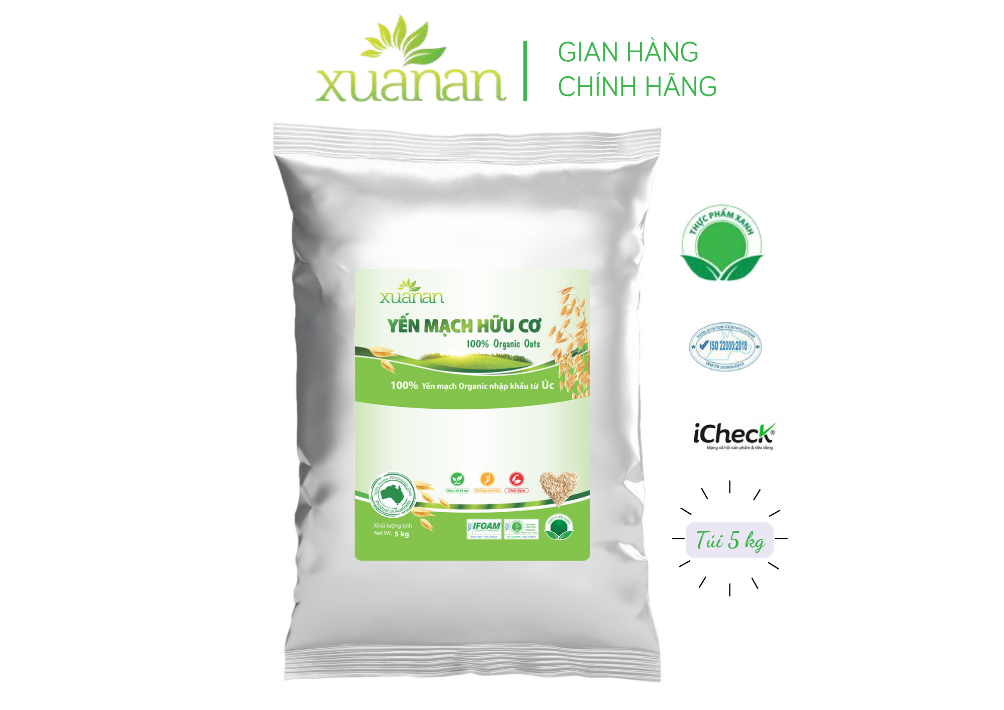 Yến Mạch Hữu Cơ Xuân An [ko đường] Túi 5Kg [cán dẹt] (Giảm 20%)