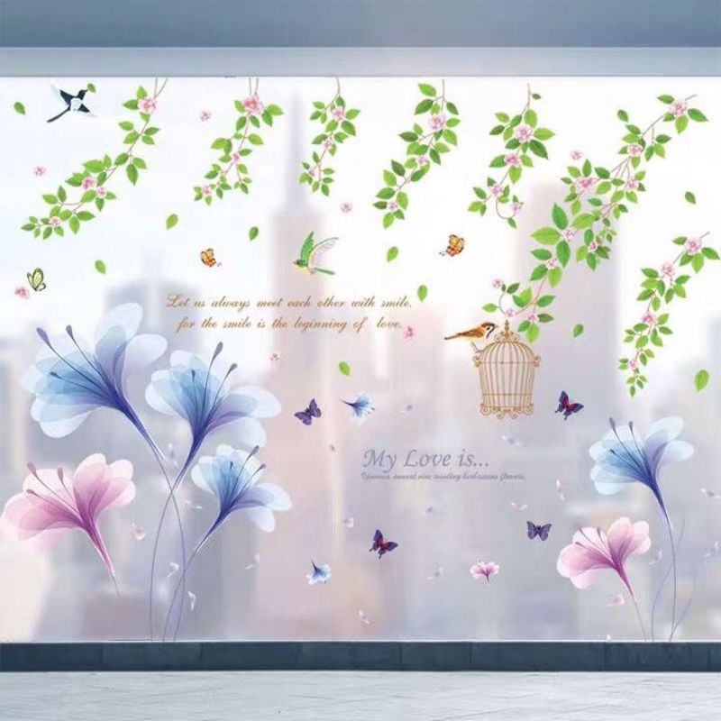 Decal dán tường pha lê tím và tán dây leo( tranh ghép)