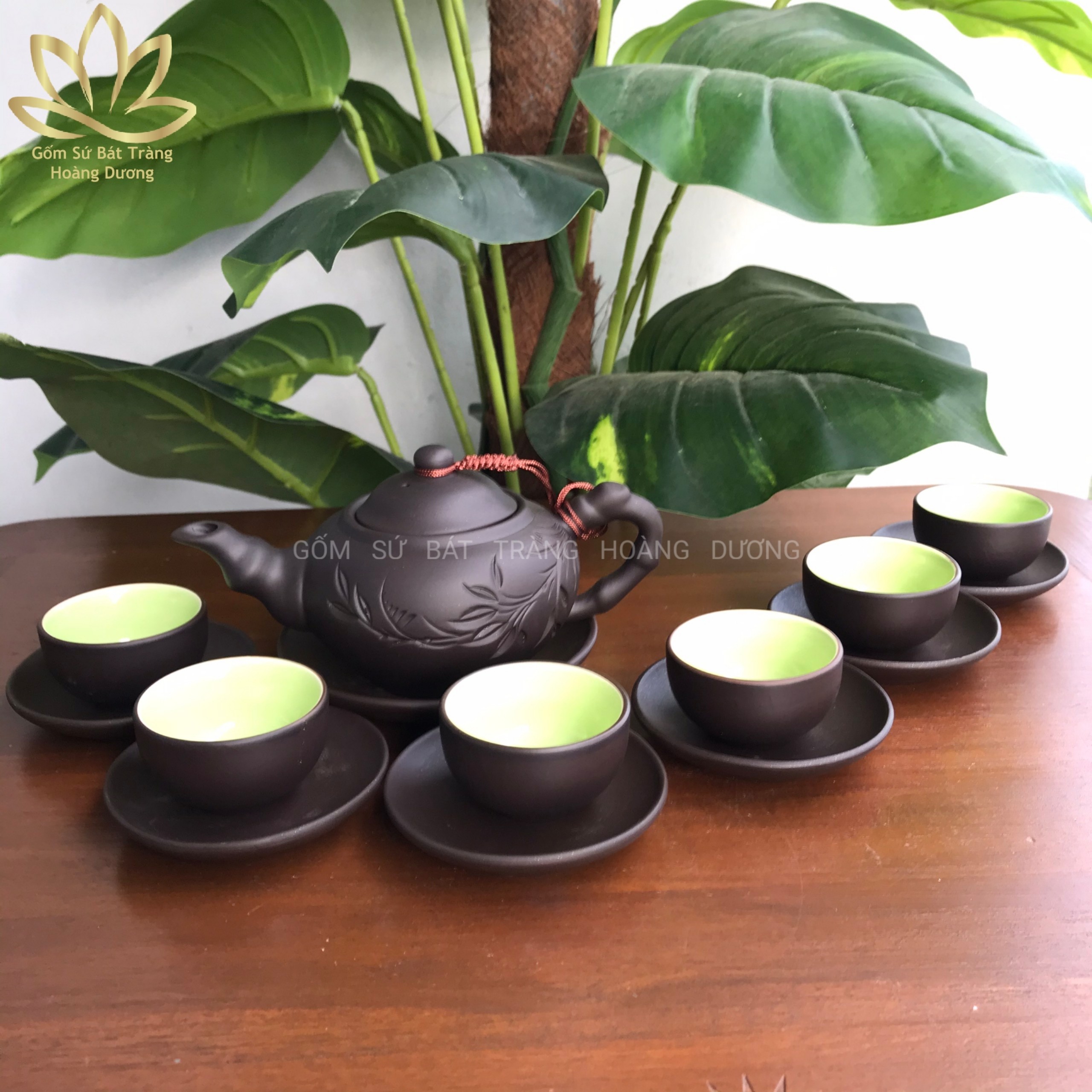(Hàng nghệ nhân) Bộ ấm chén Bát Tràng đất nung vẽ tay cành trúc 230ml màu đen