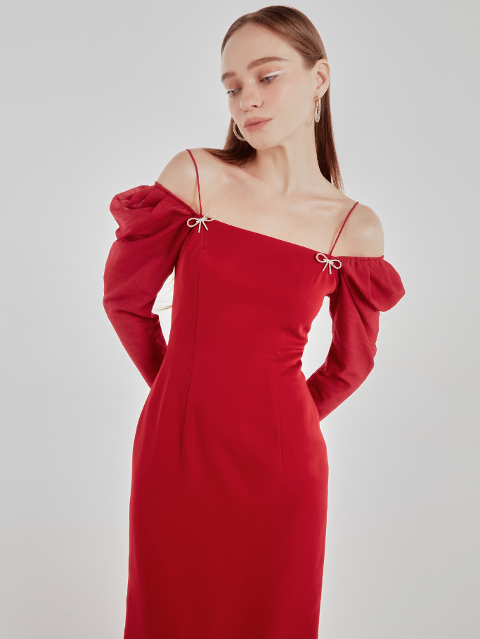 COCO SIN - Đầm Saphia Đỏ Đính Nơ Tay Dài