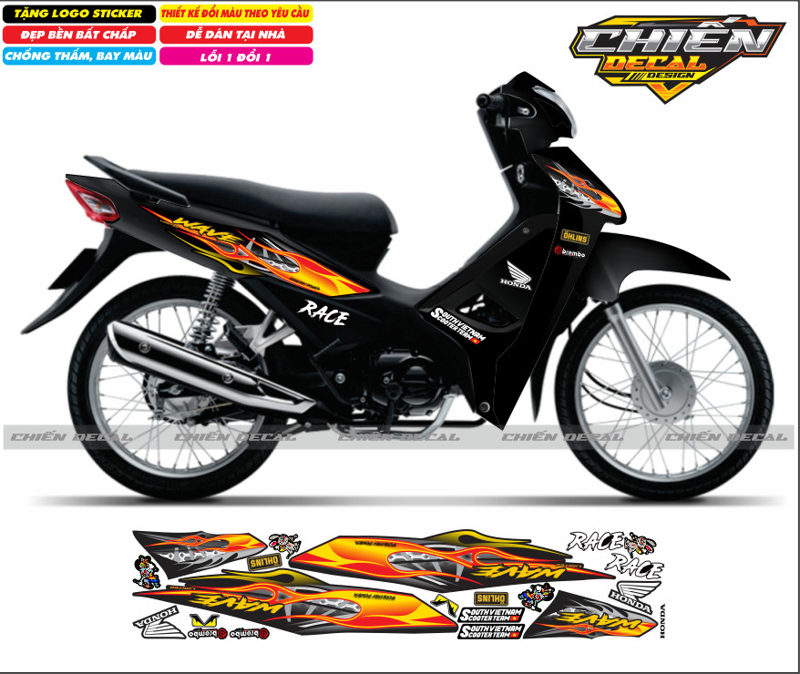 Tem rời xe wave anpha 110cc - 100cc - 50cc chế mẫu tem lửa nhiều màu lựa chọn (tem 3 lớp cao cấp)