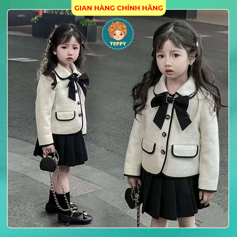 Set váy dạ tiểu thư nơ cổ cho bé gái (2 chi tiết)
