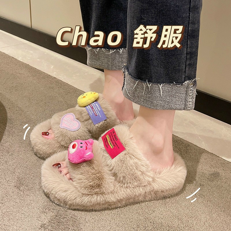 Dép lông ngang gấu dâu đế cao 5cm - from chuẩn hàng quảng châu