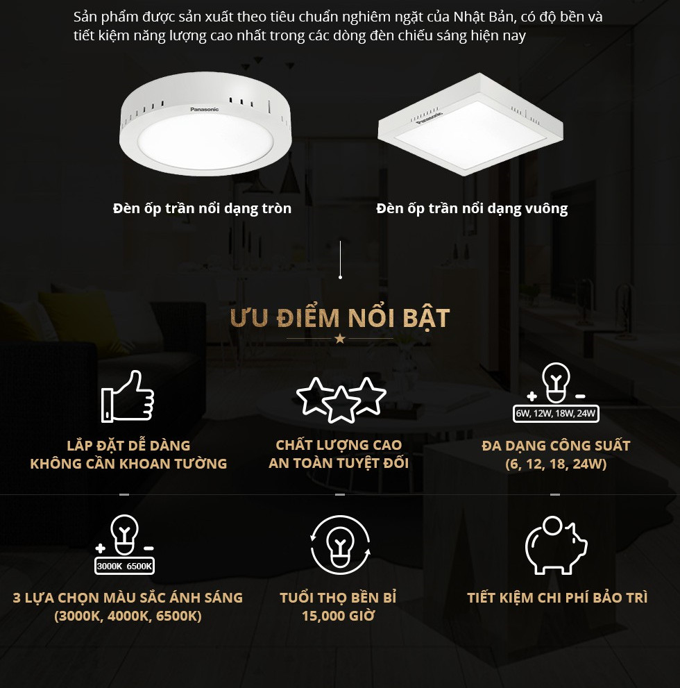 Đèn ốp trần nổi Vuông Panasonic Surface Mounted Công suất (6W,12W,18W,24W)