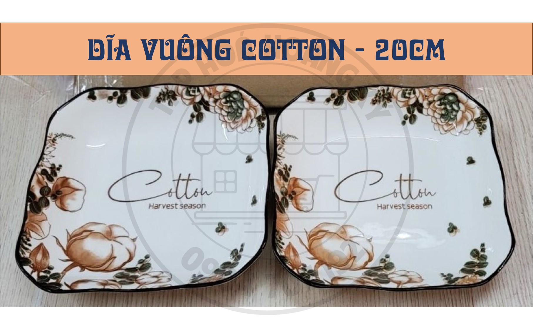Dĩa vuông gốm sứ hoa văn Cotton 20CM ( CỠ 9)