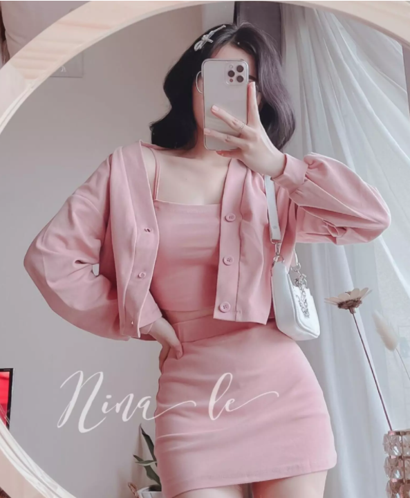 Set váy 3 món chân váy và áo khoác cài nút kèm áo 2 dây