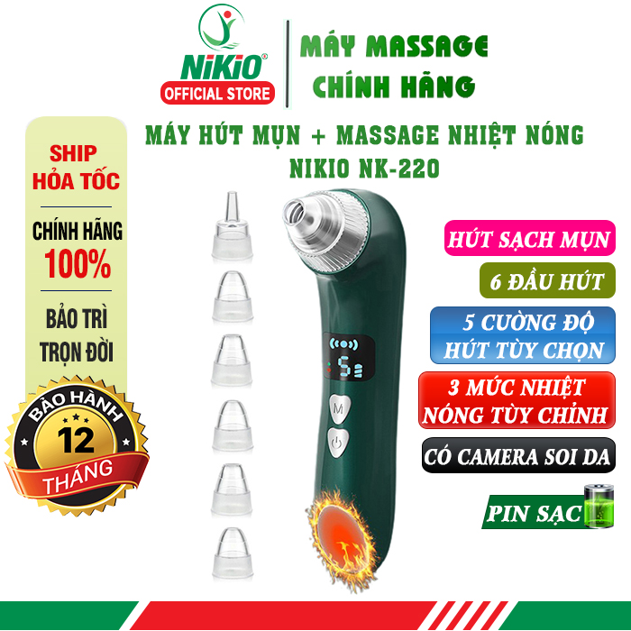 Máy hút mụn đầu đen nikio nk-220 - hút sạch mọi loại mụn, không đau rát, kết hợp massage nhiệt nóng làm dịu da, 6 đầu hút thay đổi