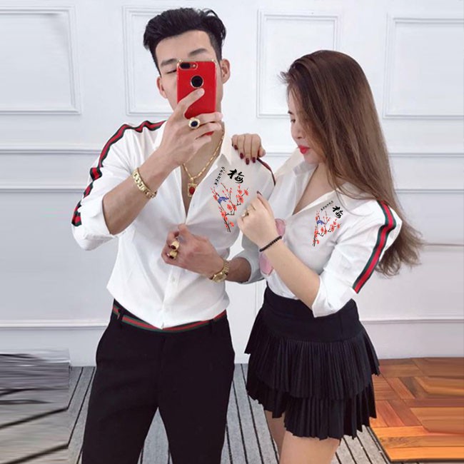 [HCM]Áo Sơ Mi Cặp Đôi Họa Tiết Hoa Đào Hot Trend Cao Cấp | Áo Đôi Nam Nữ Đẹp C68