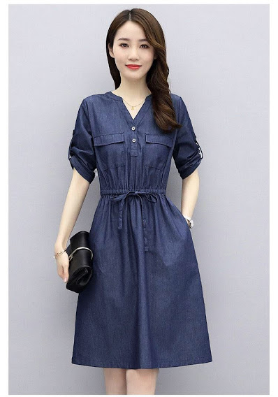 [HCM]ĐẦM JEAN XOÈ EO RÚT CỔ V