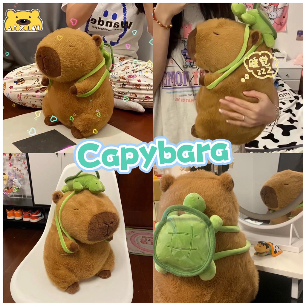 Gấu Bông CapyBara Chuột Lang Đeo Cặp Con Rùa, Gấu Bông Capy bara mang balo đáng yêu, Chất liệu lông mịn cute