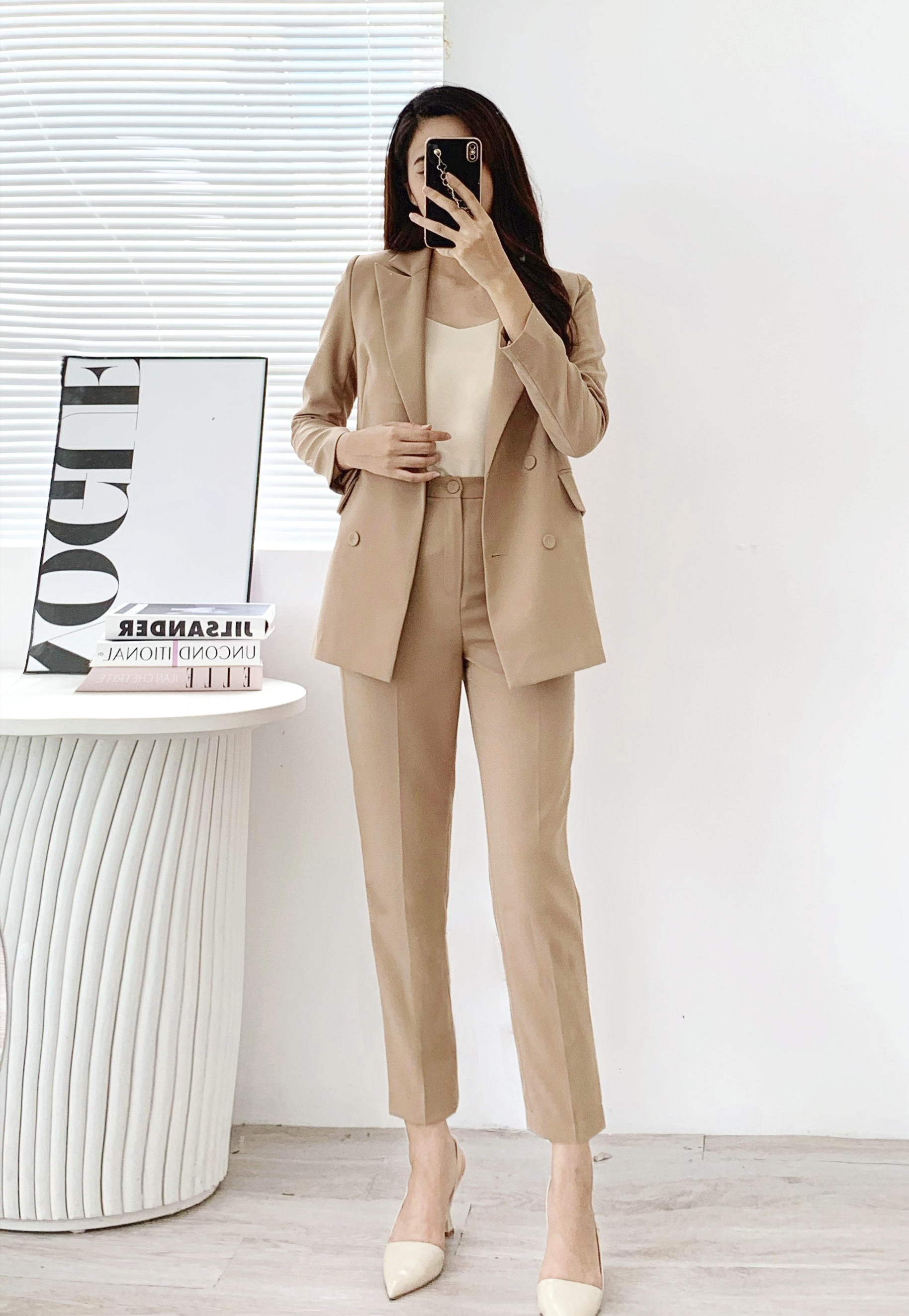 Maiimer - Áo blazer nâu cúc bọc Grace