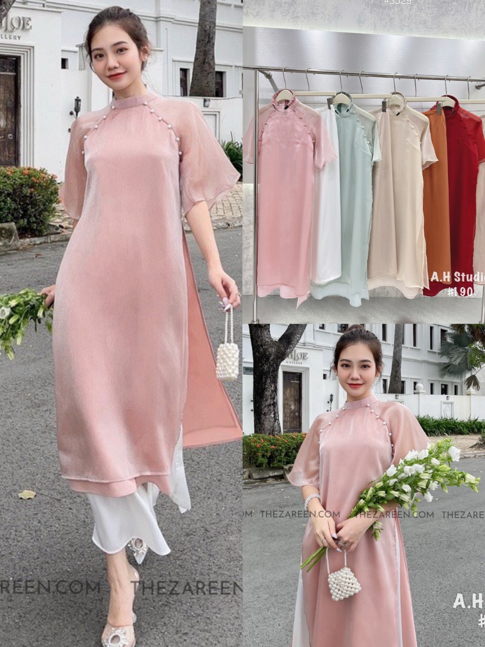 Set áo dài voan tơ trơn cộc tay kèm quần - 247storeFashion- AodaivoanAD20_P6K2