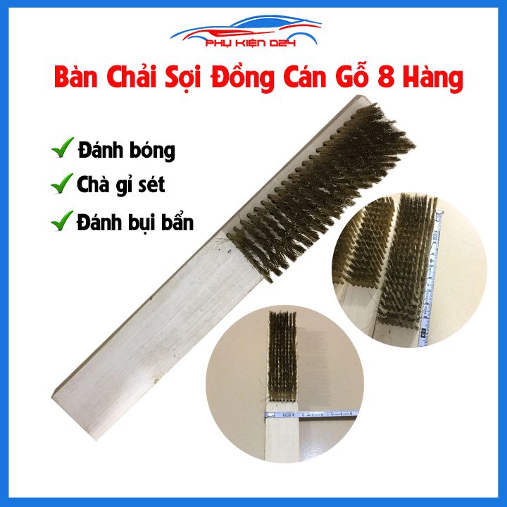 Bàn chải sợi đồng cán gỗ 8 hàng, chổi đánh bóng, gỉ sét, bụi bẩn tiện lợi