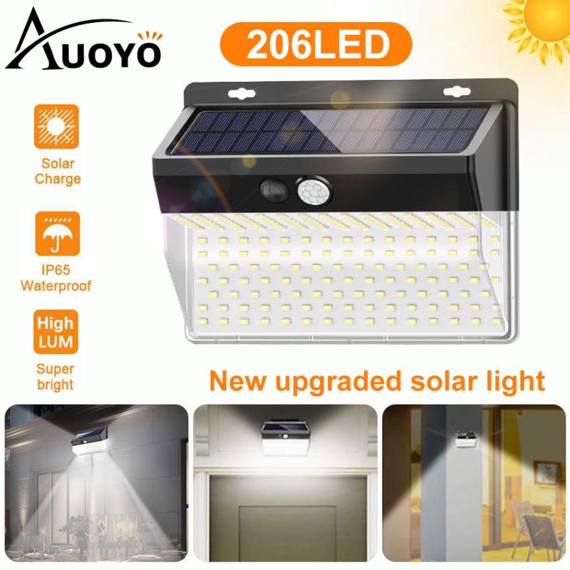 Auoyo 206LED Outdoor Lighting Solar Security Outdoor Lights Solar Lights 270° Wide Angle Lighting Solar Motion Sensor Lights Wireless Waterproof for Yard Garage Deck Pathway Porch