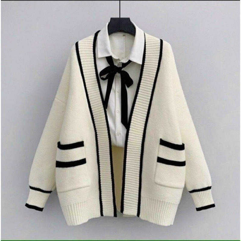 Áo khoác cardigan len dày phối viền Quảng châu