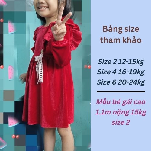 Váy đầm Nhung Đỏ dài tay bé gái 3-8y