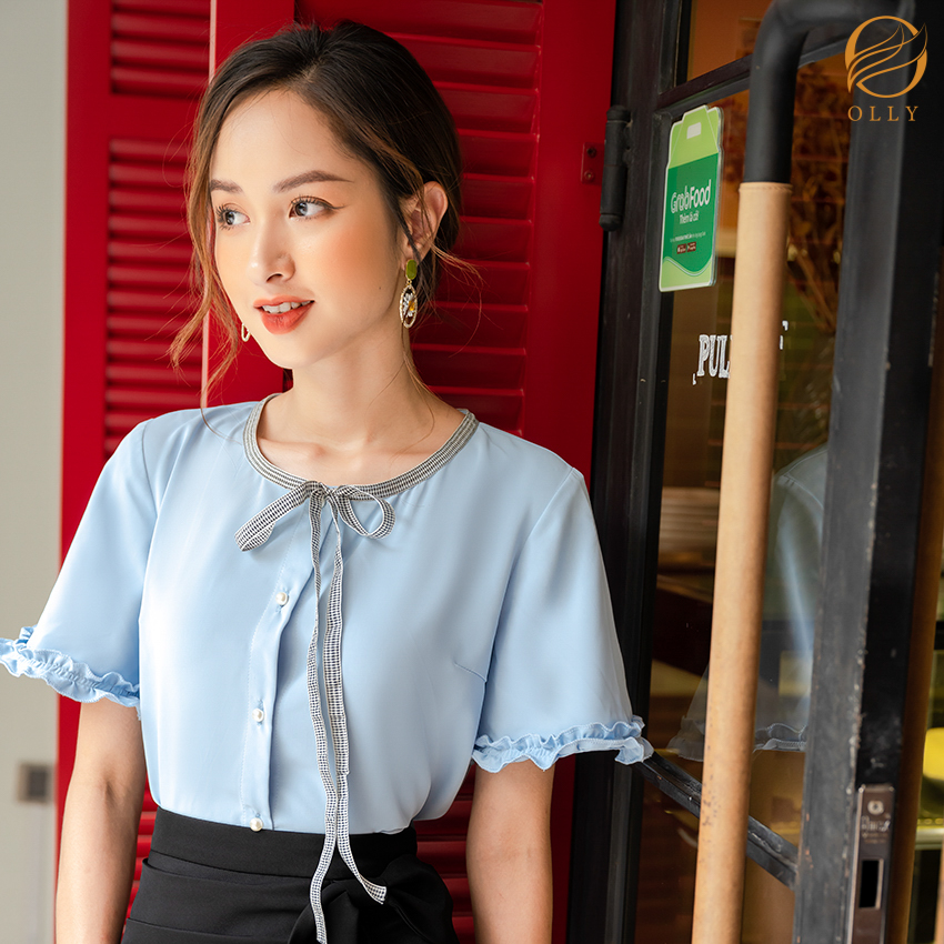 [KHUYẾN MẠI SỐC] Áo sơ mi nữ bèo tay lỡ nơ cổ OLLY OBA20.005