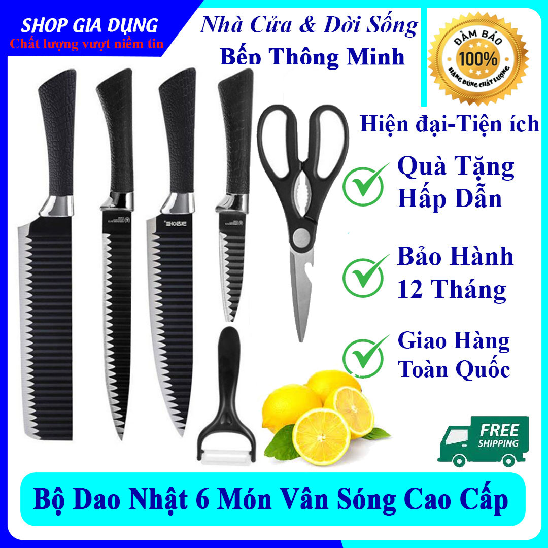 [A][A]Bộ Dao Nhật Bản Asakh 6 Món Vân Gợn Sóng Thép Nhật Bản Cao Cấp, Tiện Dụng Cho Căn Bếp Nhà Bạn