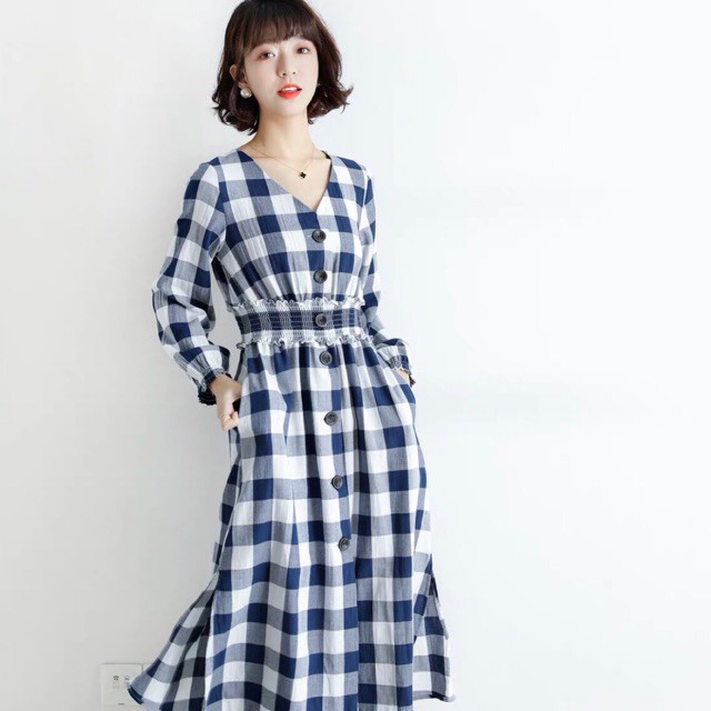 Đầm caro xanh to tay dài