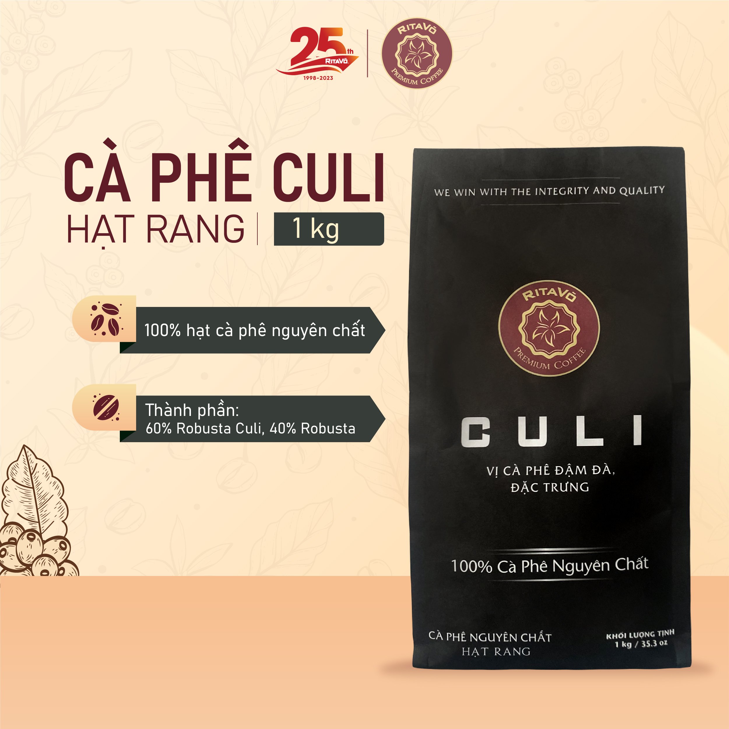 Cà phê nguyên chất hạt rang CULI 1000g