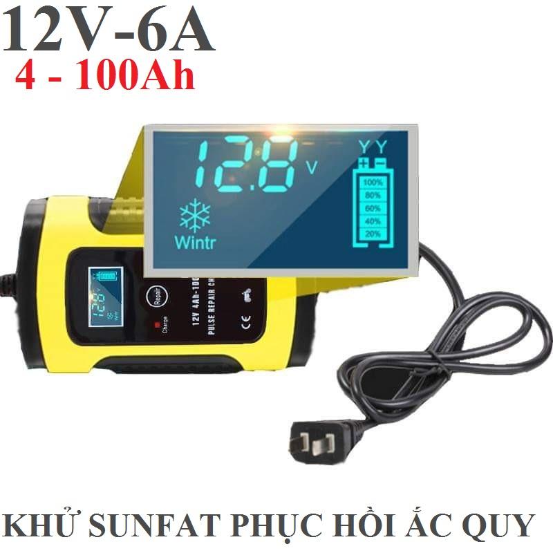 Bộ sạc ắc quy 12V 6A cho ô tô xe máy thông minh tự ngắt khi đầy có chức năng khử sunfat phục hồi bình ANHNTcyz,Sạc ắc quy 12V tự động sạc ắc quy thông minh cho xe hơi và xe máy có dung lượng bình từ 4Ah đến 100Ah, sac ac quy