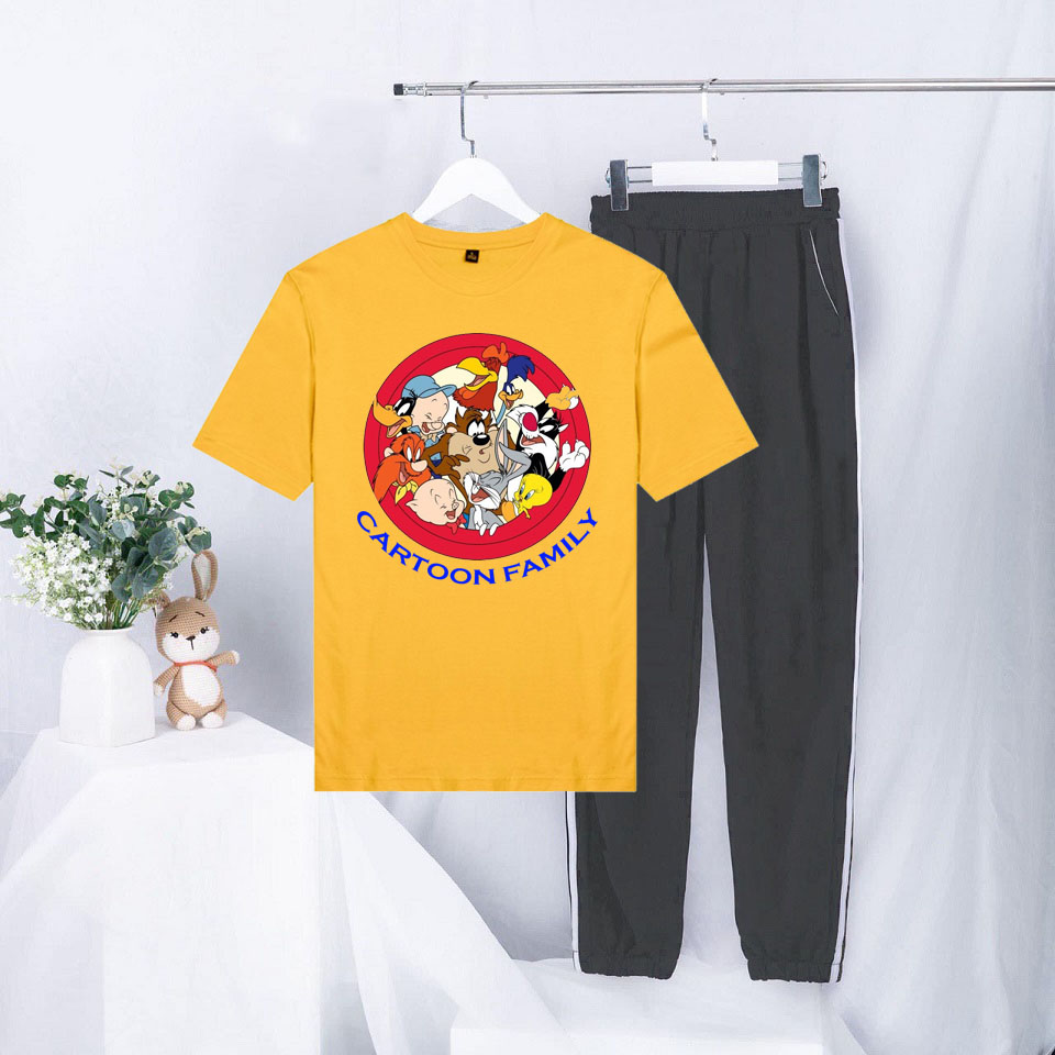 Sét Bộ Đồ Mùa Hè Ulzzang Nữ Xinh Cute Mặc Đi Chơi Dạo Phố, Chất Liệu Áo Cotton Organic Màu Vàng Ngắn Tay Cổ Tròn In 3D Gia Đình Thú Hoạt Hình Cute Kèm Quần Thun Bo Chun Gấu Hai Rót Phong Cách