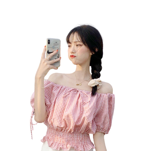 [HCM]Áo Kiểu Nữ Ca Rô Lệch Vai Nhún Eo Tay Nơ Thời Trang Mới Av125