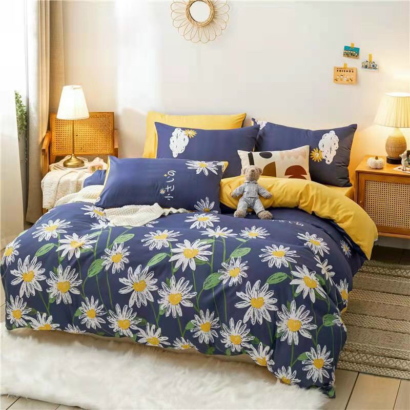 Trọn Bộ 4 Món Chăn Ga Gối Cotton Poly Nhập Mẫu HOA CÚC XANH NEW