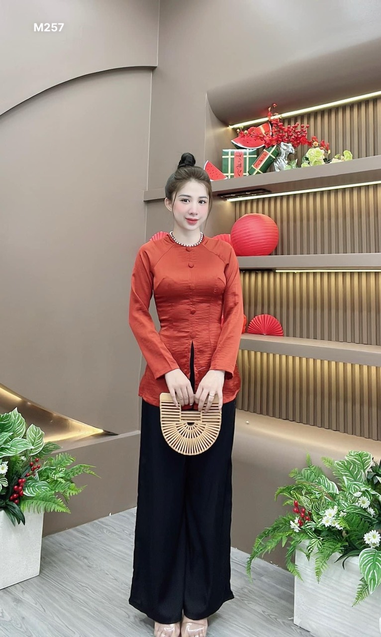 Set bộ bà ba nữ gấm cổ tròn nút bọc tay dài kèm quần dài trơn đen lưng nhún co giản tốt M257