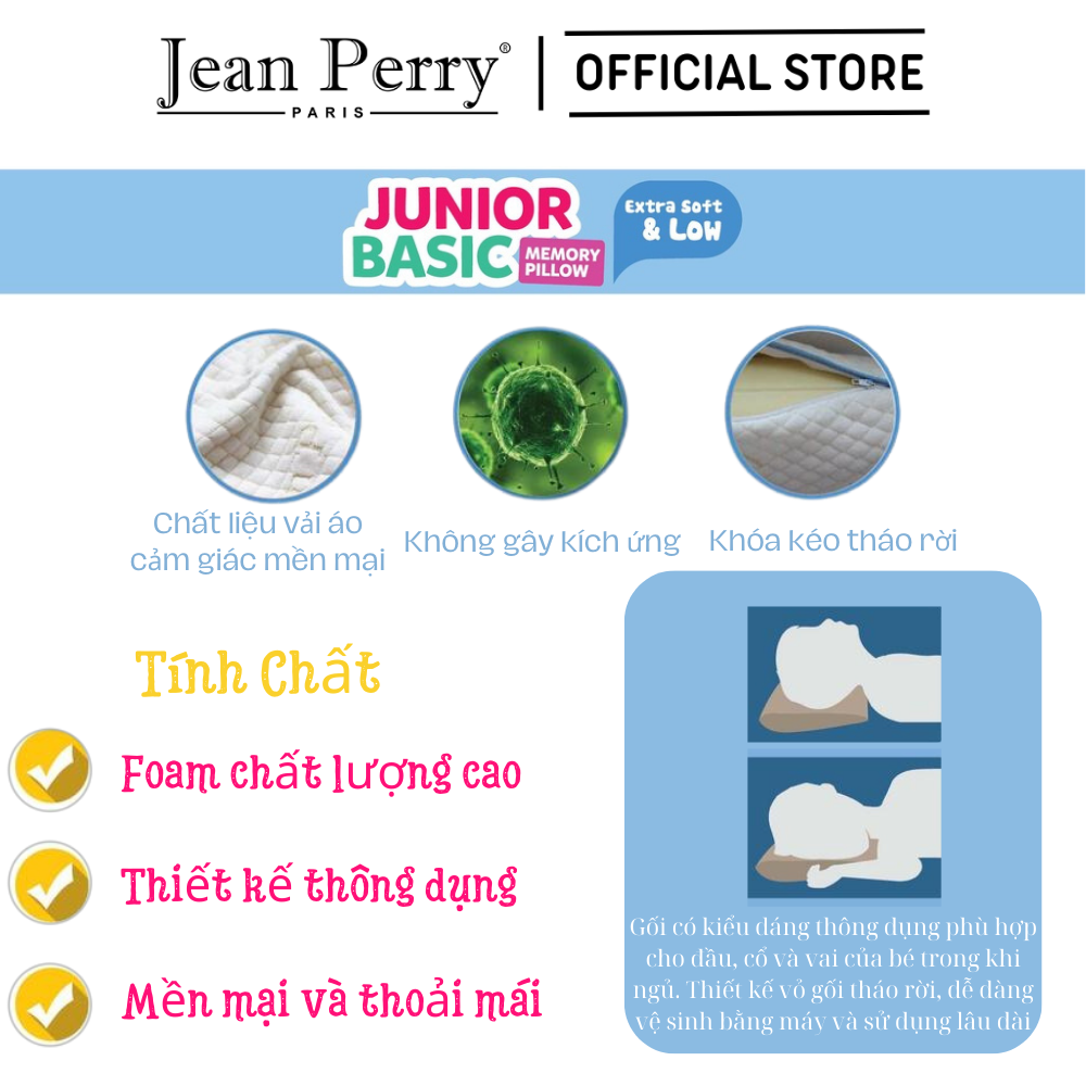 Gối nằm cho bé memory foam Jean Perry Junior Basic kích thước 30x50x11cm