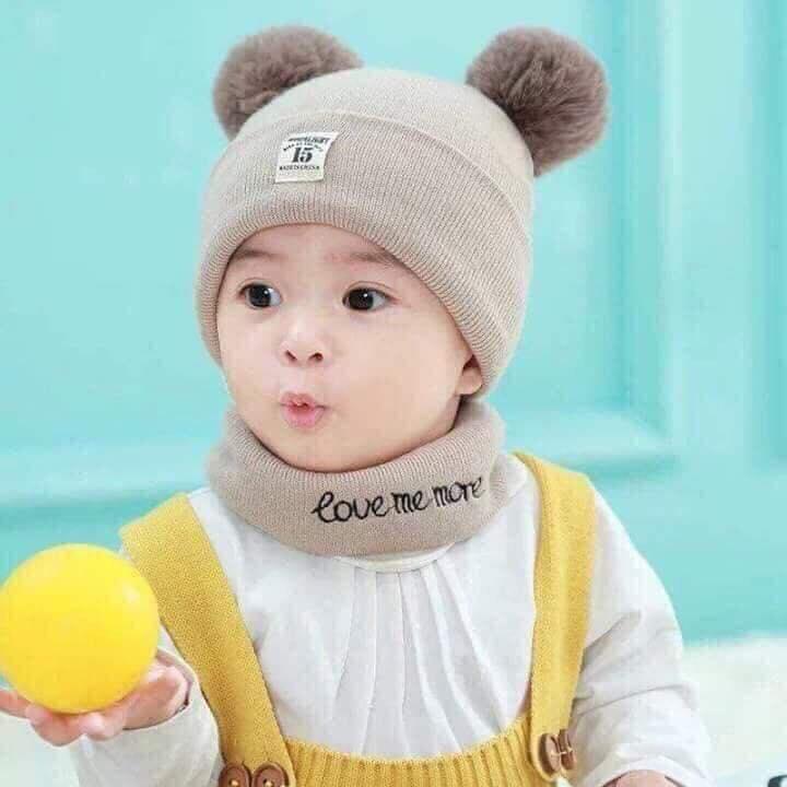 Bộ khăn mũ len hai quả bông cho bé