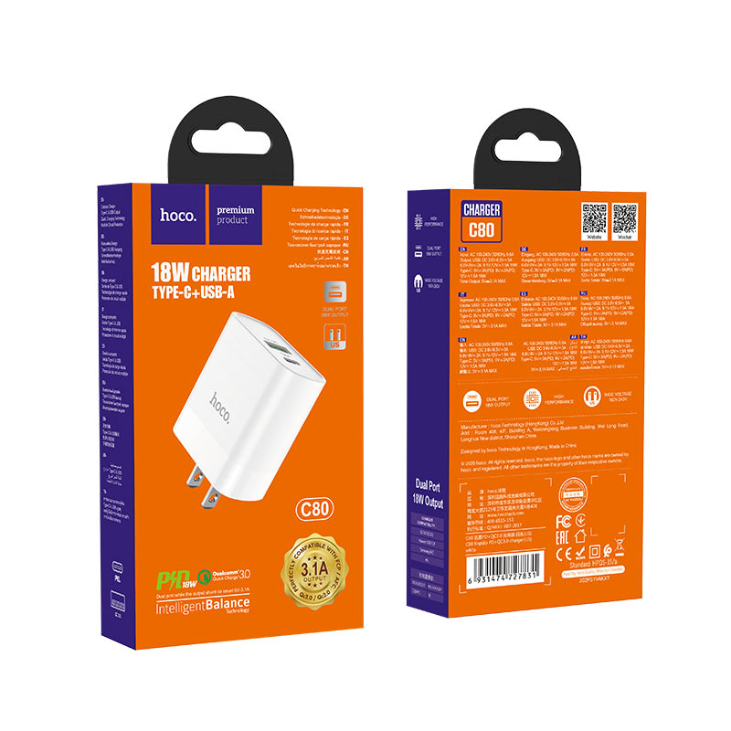 Bộ củ sạc nhanh điện thoại 20w hoco c80 có 2 cổng ra usb + type-c