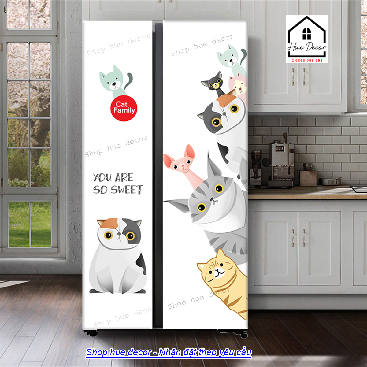 Decal dán tủ lạnh 2 cánh, Decal dán tủ lạnh 4 cánh, giấy dán tủ lạnh 2 cánh, giấy dán tủ lạnh 4 cánh hue decor họa tiết gia đình mèo chống nước sẵn keo, siêu bền giá tốt, nhận thiết kế theo yêu cầu