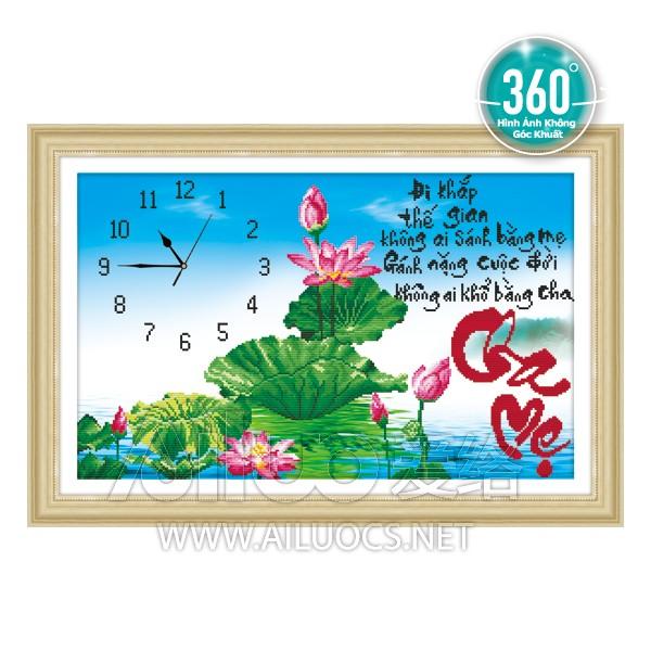[HCM]Tranh đính đá đồng hồ cha mẹ hoa sen 77350