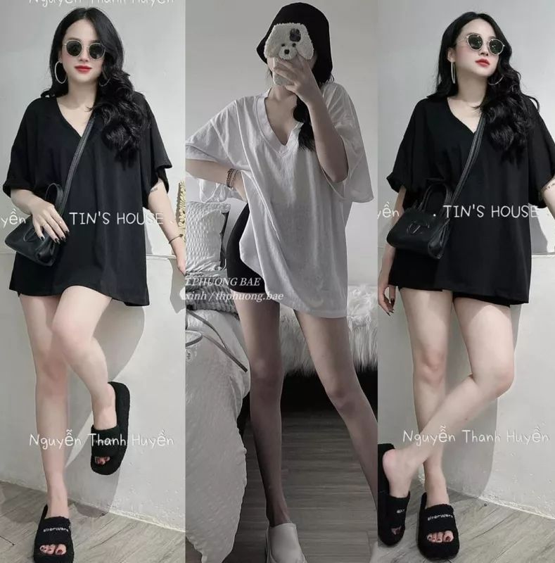 ÁO THUN TRƠN CỔ TIM FROM RỘNG ĐEN TRẮNG