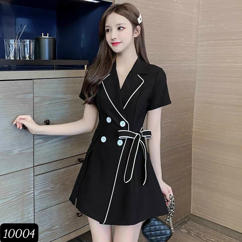 Sét bộ đùi dạo phố cổ vest phối nút cột nơ eo