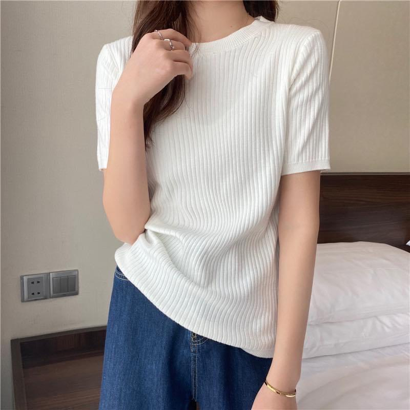 Áo cộc tay cổ tròn chất len tăm, áo thun dáng ôm basic