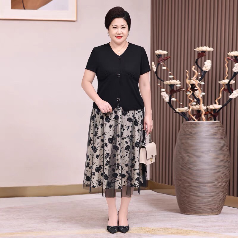 Đầm phối hoa dáng xòe quý cô trung niên bigsize sang trọng - G37623