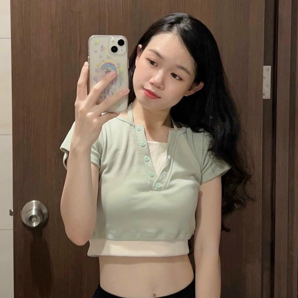 Áo croptop gân tay ngắn giả yếm