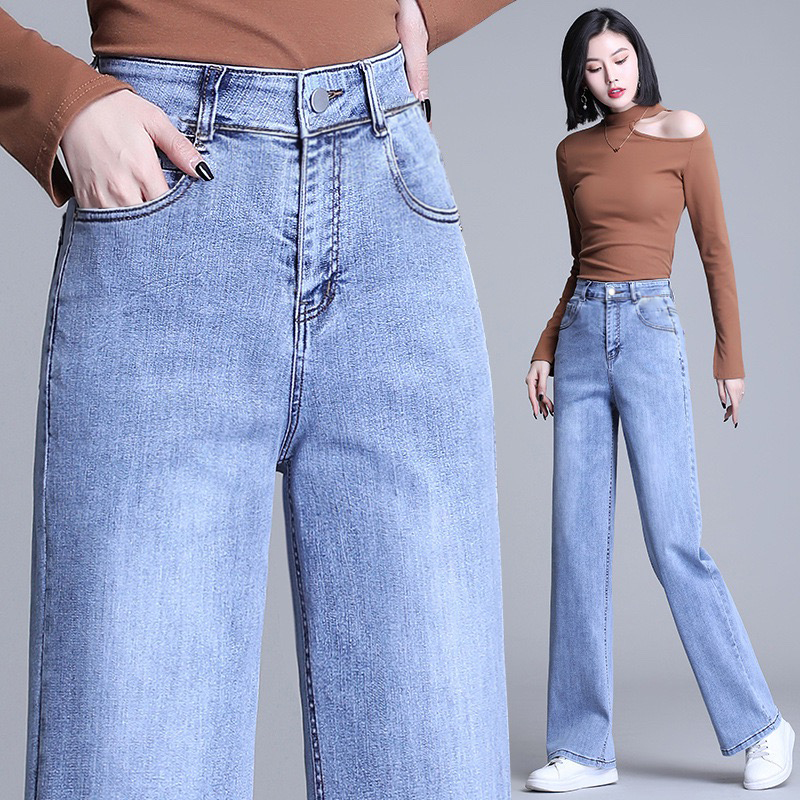 Quần bò ống suông quần jean nữ ống rộng form rộng lưng cao chất jean cotton co giãn mềm mịn không xù lông
