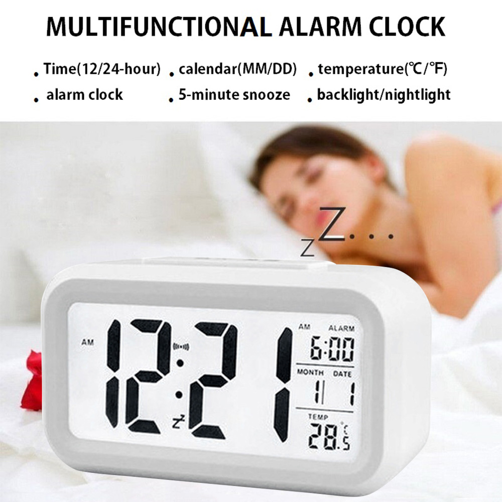 Smart Digital Alarm Clock with Date and Temperature Snooze Button on Top Battery Operated Rectangle Desk Clock with Night Light for Bedroom Kids Children Girls Boys