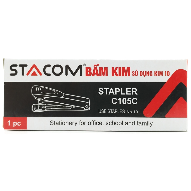 Bấm kim học sinh văn phòng stacom - sử dụng kim số 10, có thể bấm tối đa 12 tờ - với thiết kế thân inox - kiểu dáng đơn giản, chất lượng ưu việt - c105c